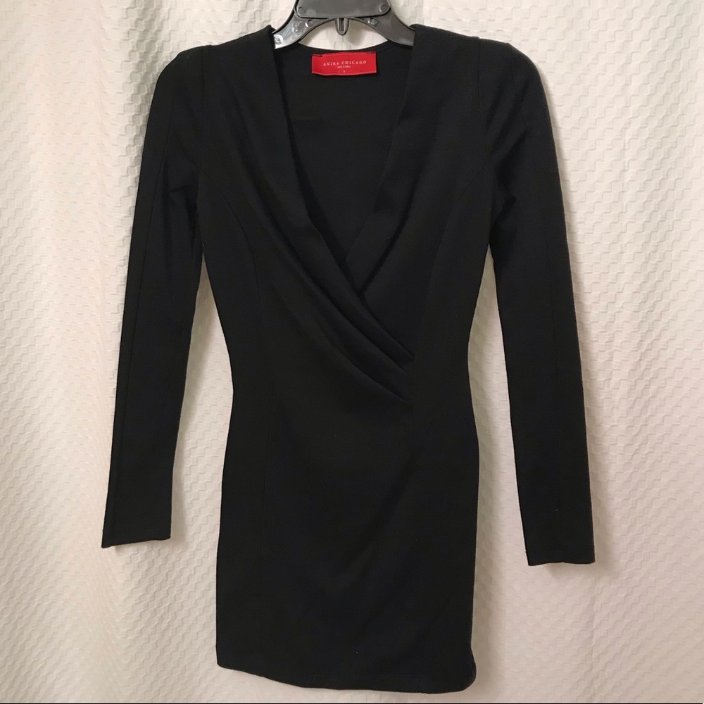 Akira low cut, long sleeve, black mini dress S